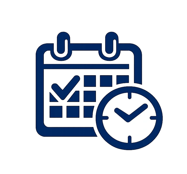 Navy calendar icon with a check mark and circular badge, symbolizing scheduled services, appointments, or completed tasks.