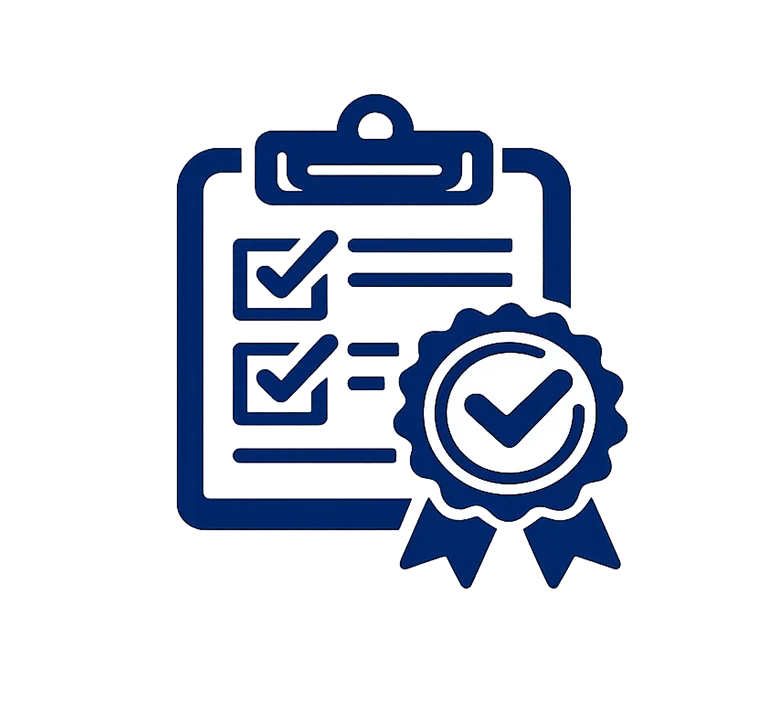 Blue clipboard icon with check marks and a certification badge, symbolizing compliance, quality assurance, inspections, and certified service.