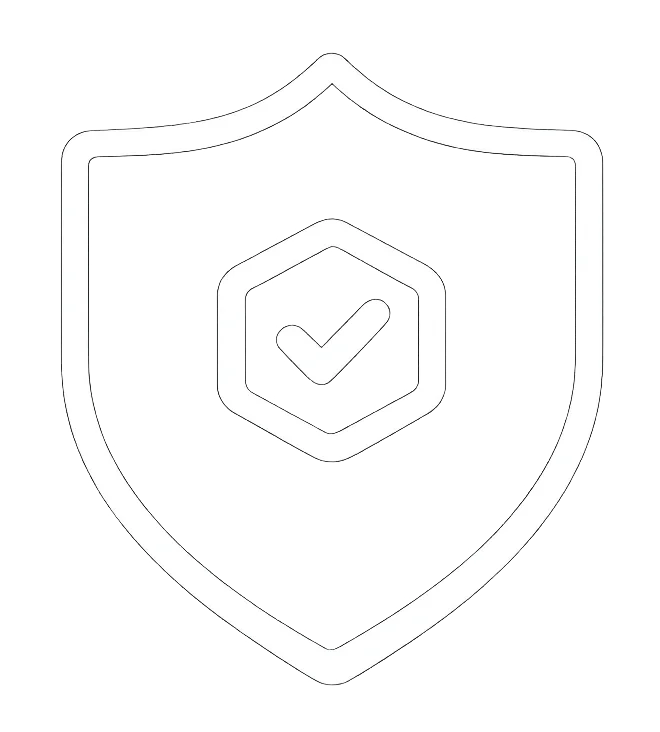 White shield icon containing a hexagonal check mark, symbolizing safety, security, protection, and quality assurance.