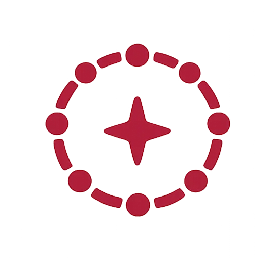 Red icon featuring a central four-point star surrounded by a circular dotted pattern, representing quality, excellence, or service.