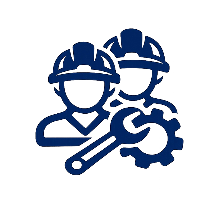 Blue icon of industrial workers wearing hard hats alongside a wrench and gear, representing maintenance and industrial services.