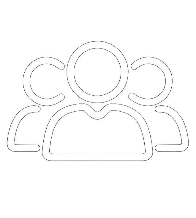 White outline icon of three people representing a team, group, or collaborative workforce.
