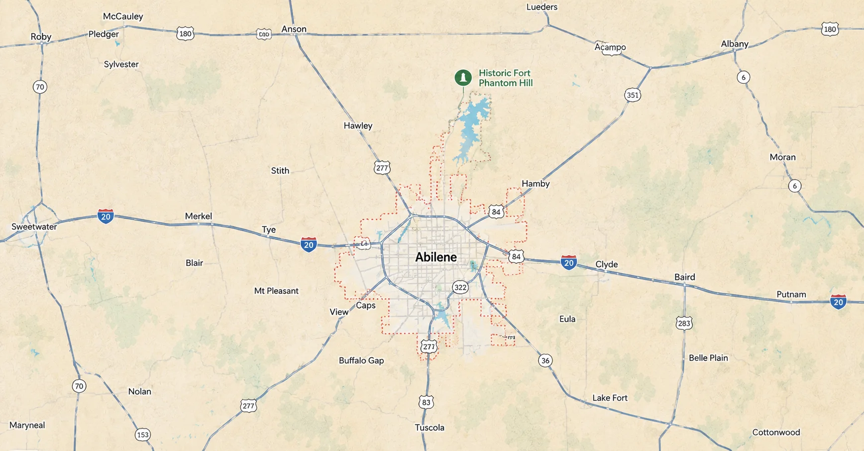 Map of Abilene, Texas, showing the city and surrounding communities, highways, and Historic Fort Phantom Hill.