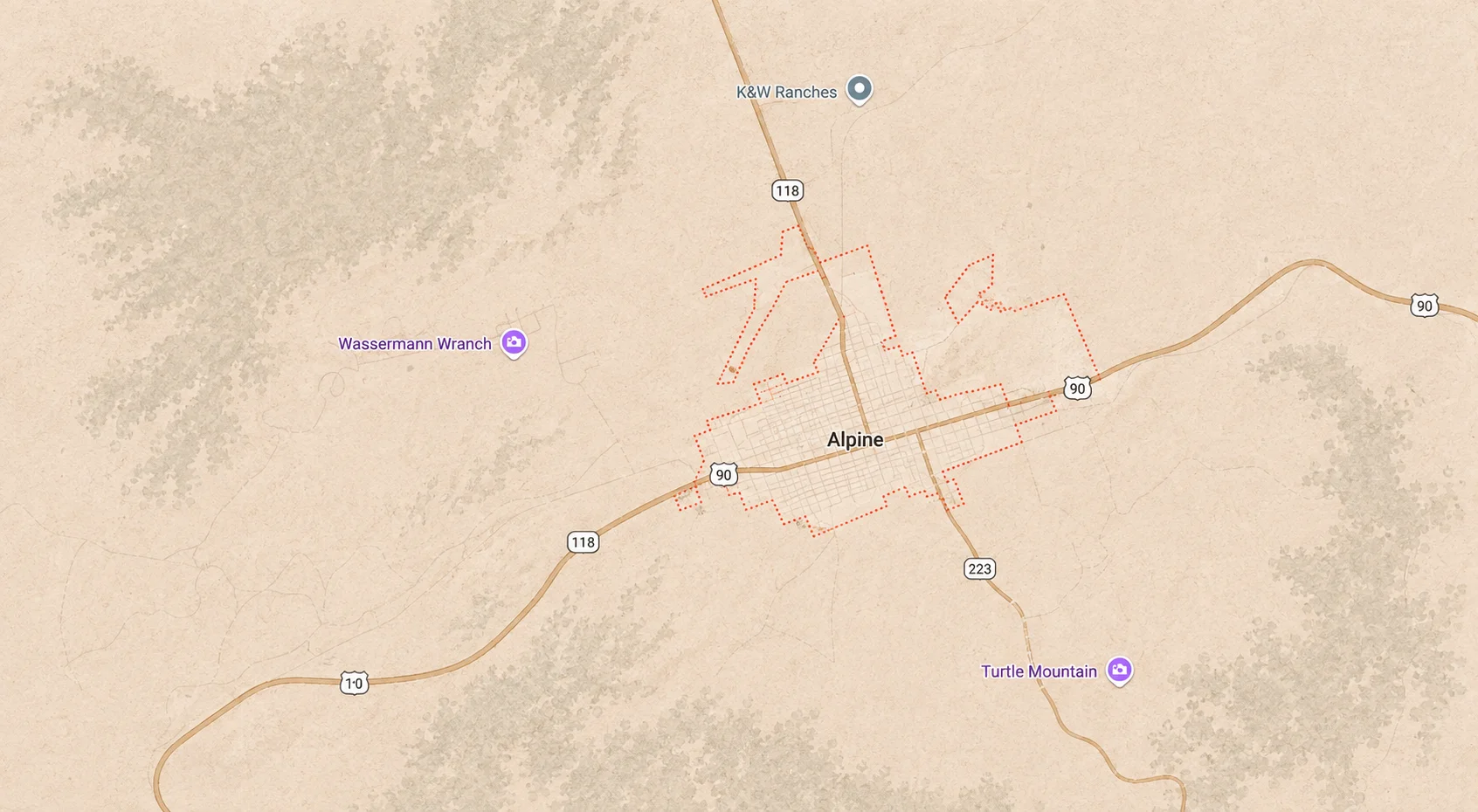 Map showing Alpine, Texas, along U.S. Highway 90 and State Highway 118 in West Texas.