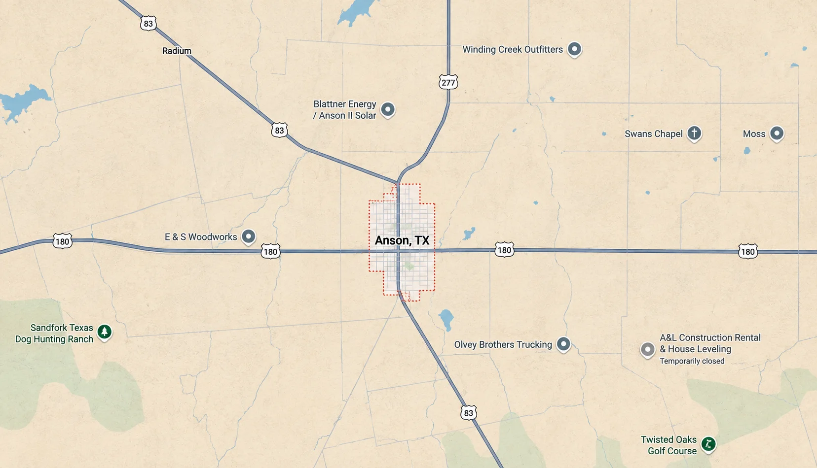 Map showing Anson, Texas, at the intersection of U.S. Highway 180 and U.S. Highway 83.