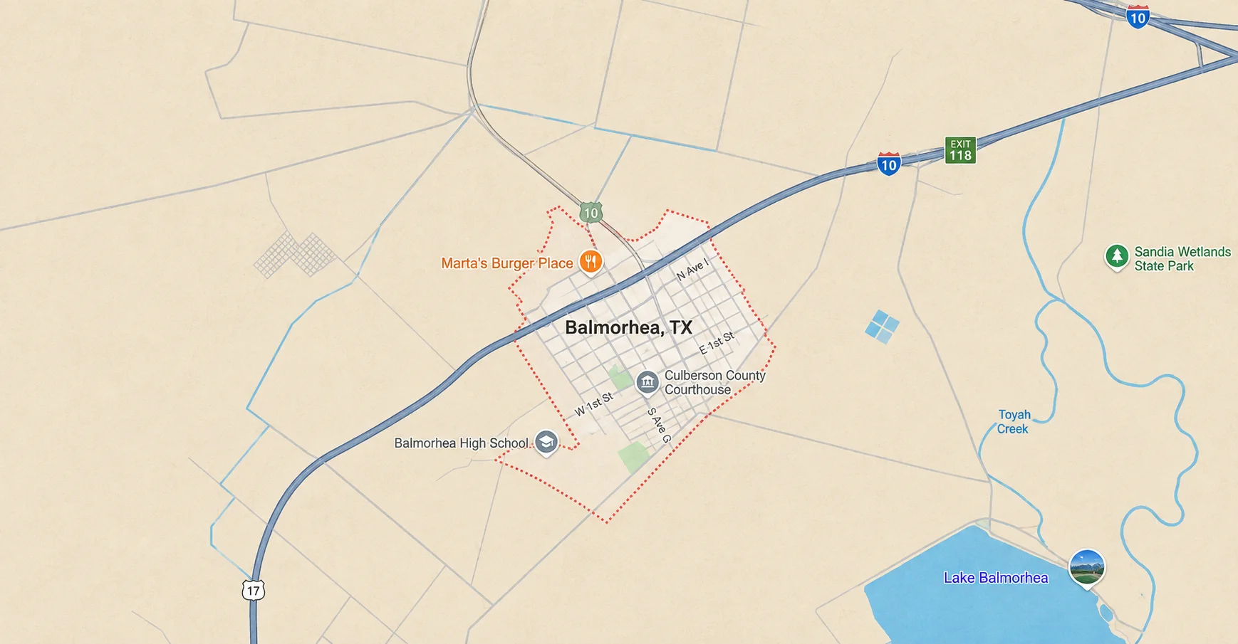 Map showing Balmorhea, Texas, along Interstate 10 near Lake Balmorhea and Toyah Creek.