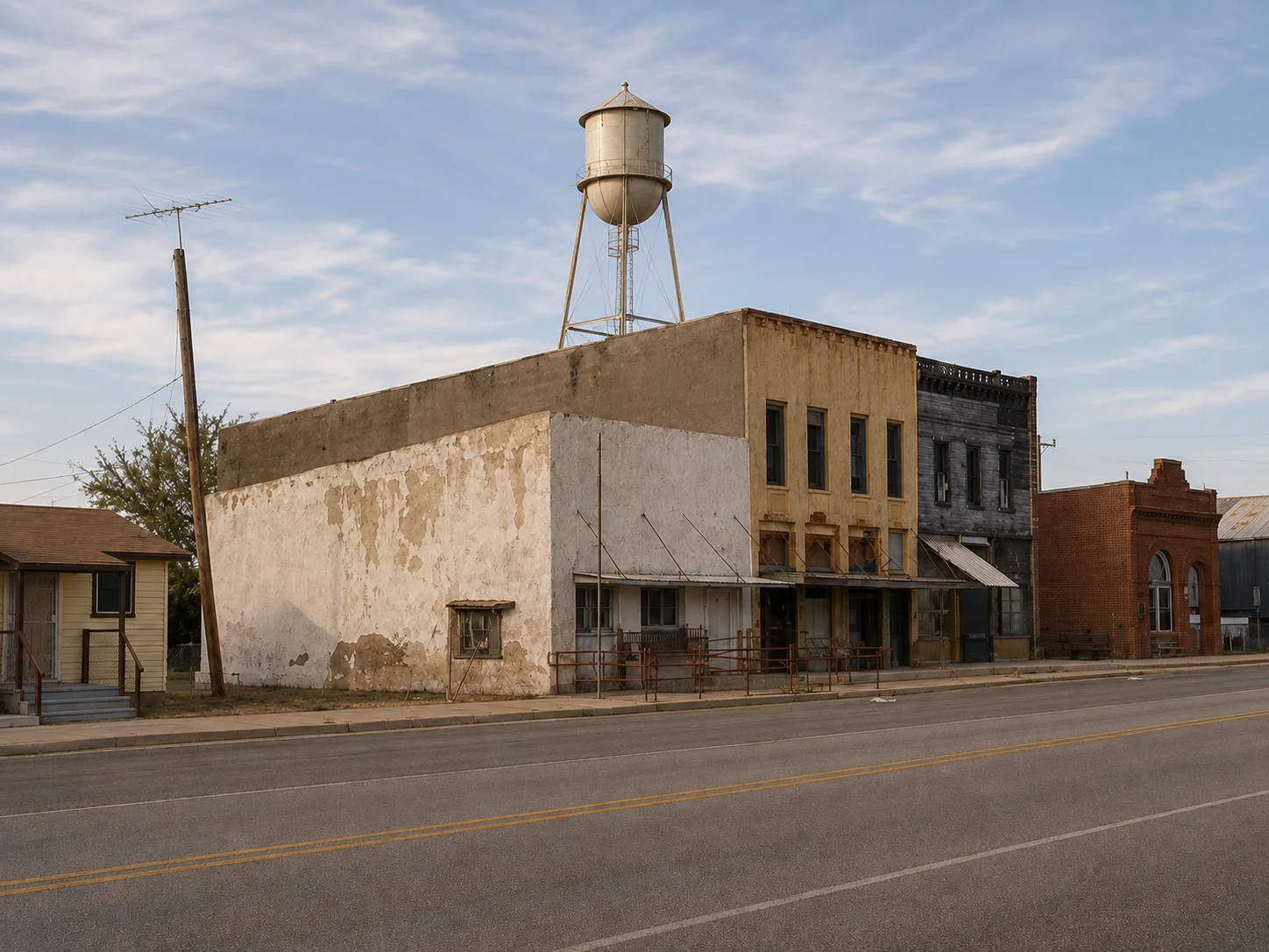 Historic downtown street in Barstow, Texas, featuring weathered storefronts and a prominent elevated water tower.