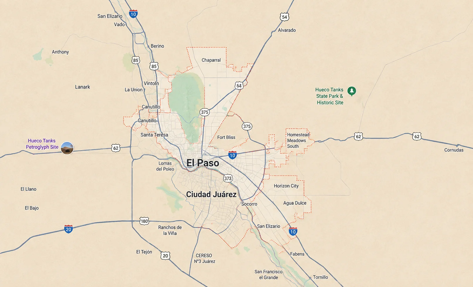Map of El Paso, Texas, and surrounding areas, showing Interstate 10, U.S. highways, Ciudad Juárez, Fort Bliss, and nearby communities.