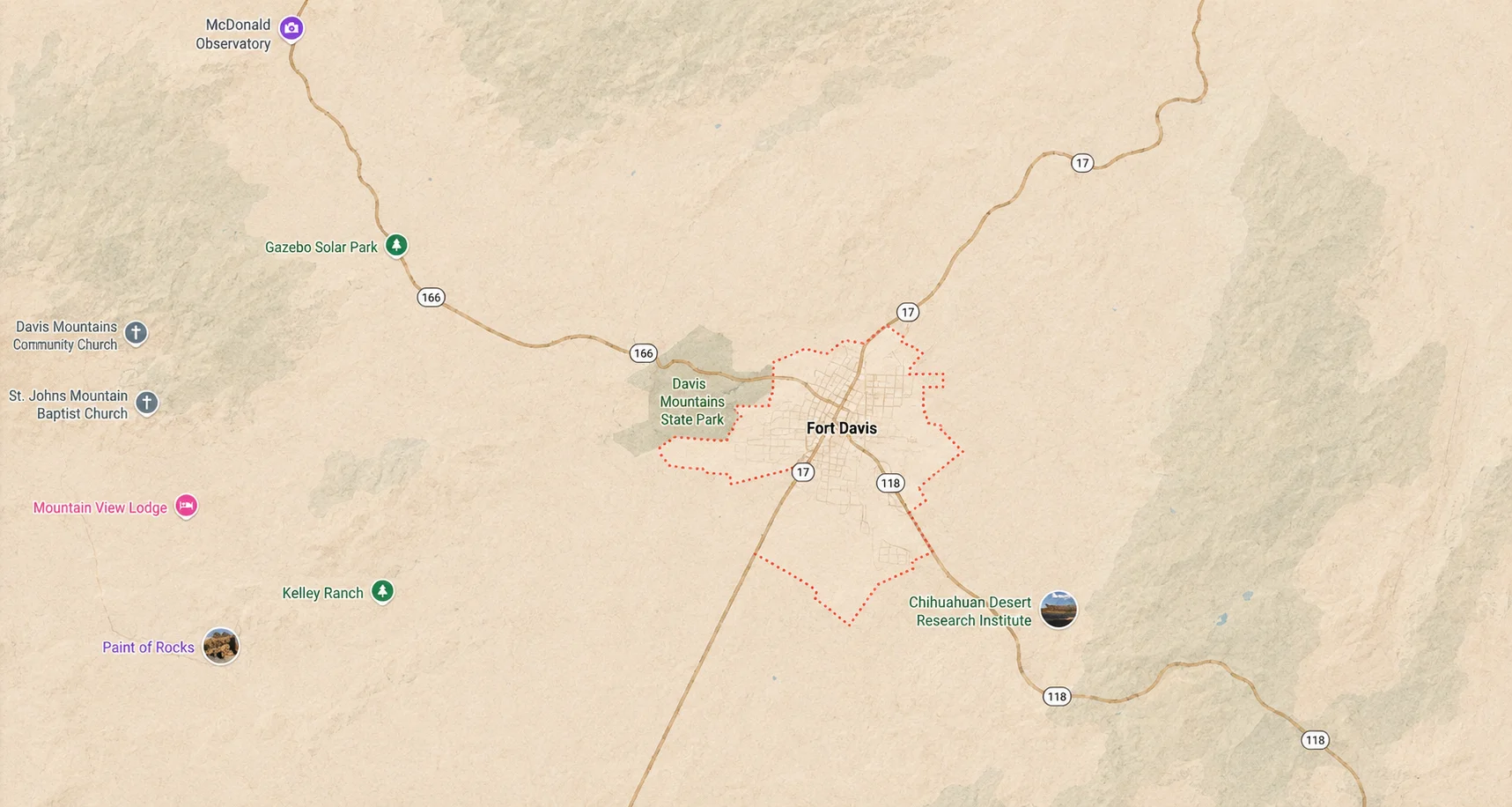 Map of Fort Davis, Texas, showing nearby Davis Mountains State Park, McDonald Observatory, Highway 17, Highway 166, and Highway 118.