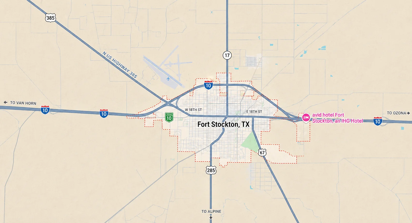 Map of Fort Stockton, Texas, showing Interstate 10, U.S. Highway 385, Highway 17, and major roads surrounding the city.