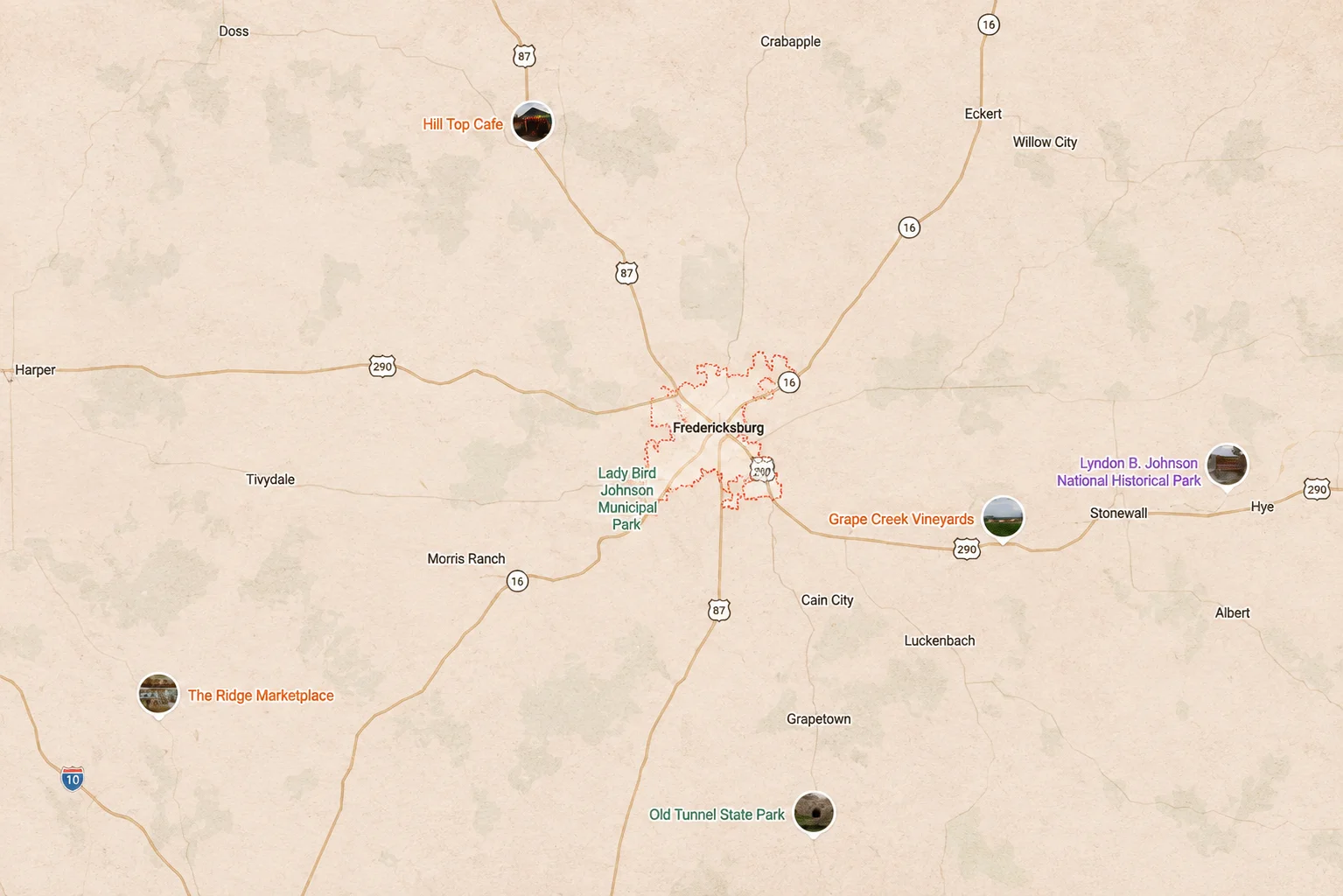 Map showing Fredericksburg, Texas and surrounding communities, including U.S. Highway 290, State Highway 16, and nearby landmarks and attractions.