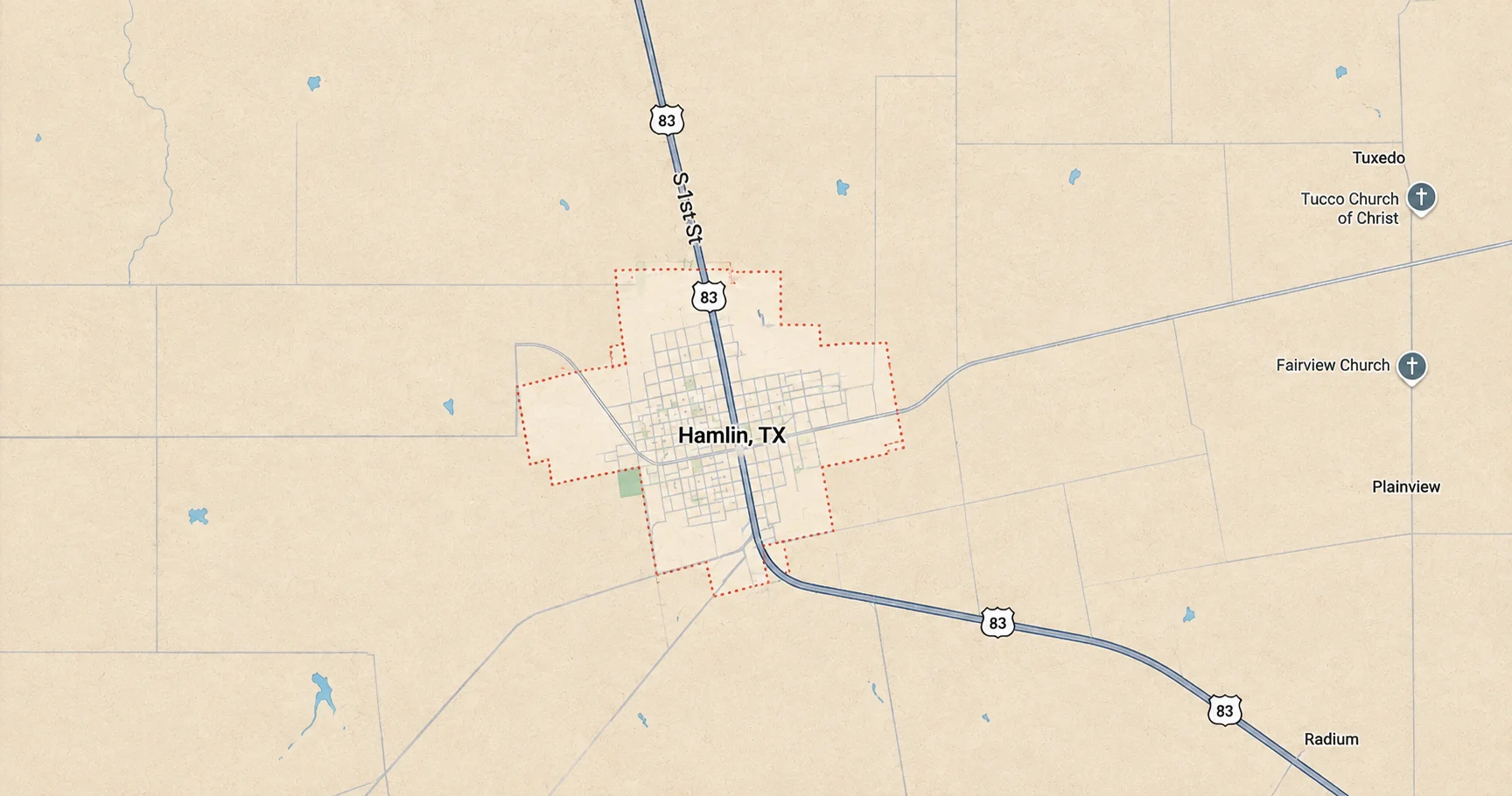 Map showing Hamlin, Texas and surrounding areas, centered along U.S. Highway 83 with nearby communities and local roads.
