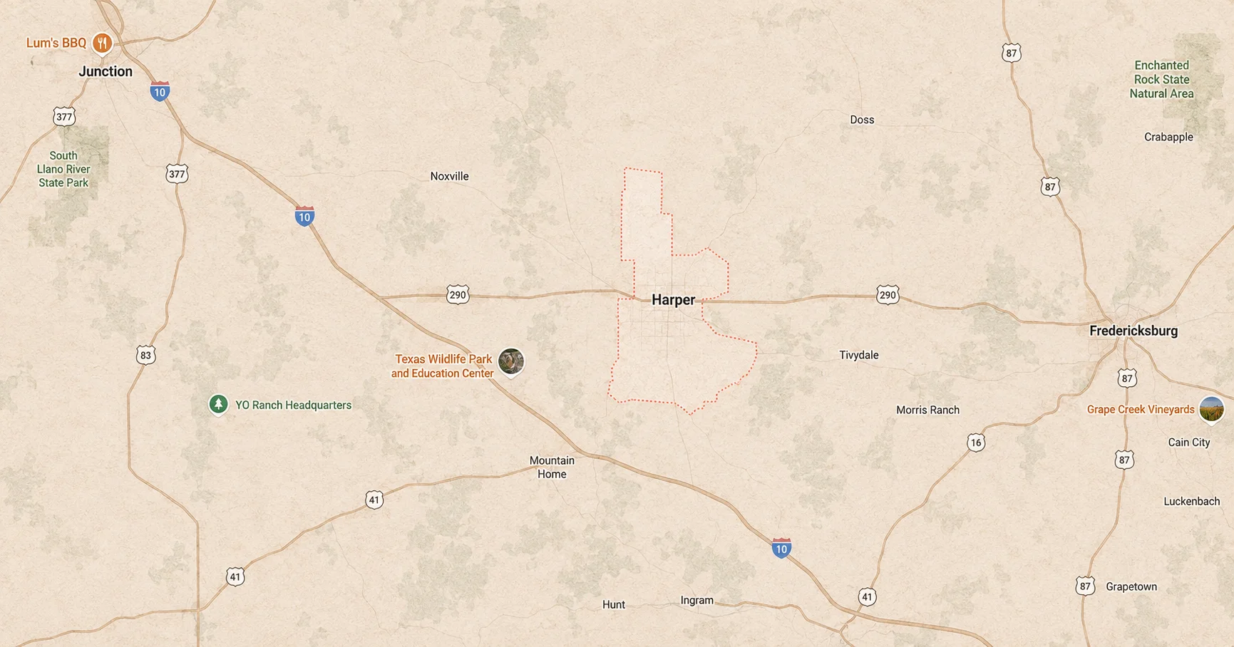 Map showing Harper, Texas and surrounding areas, including U.S. Highway 290, Interstate 10, and nearby landmarks and communities.