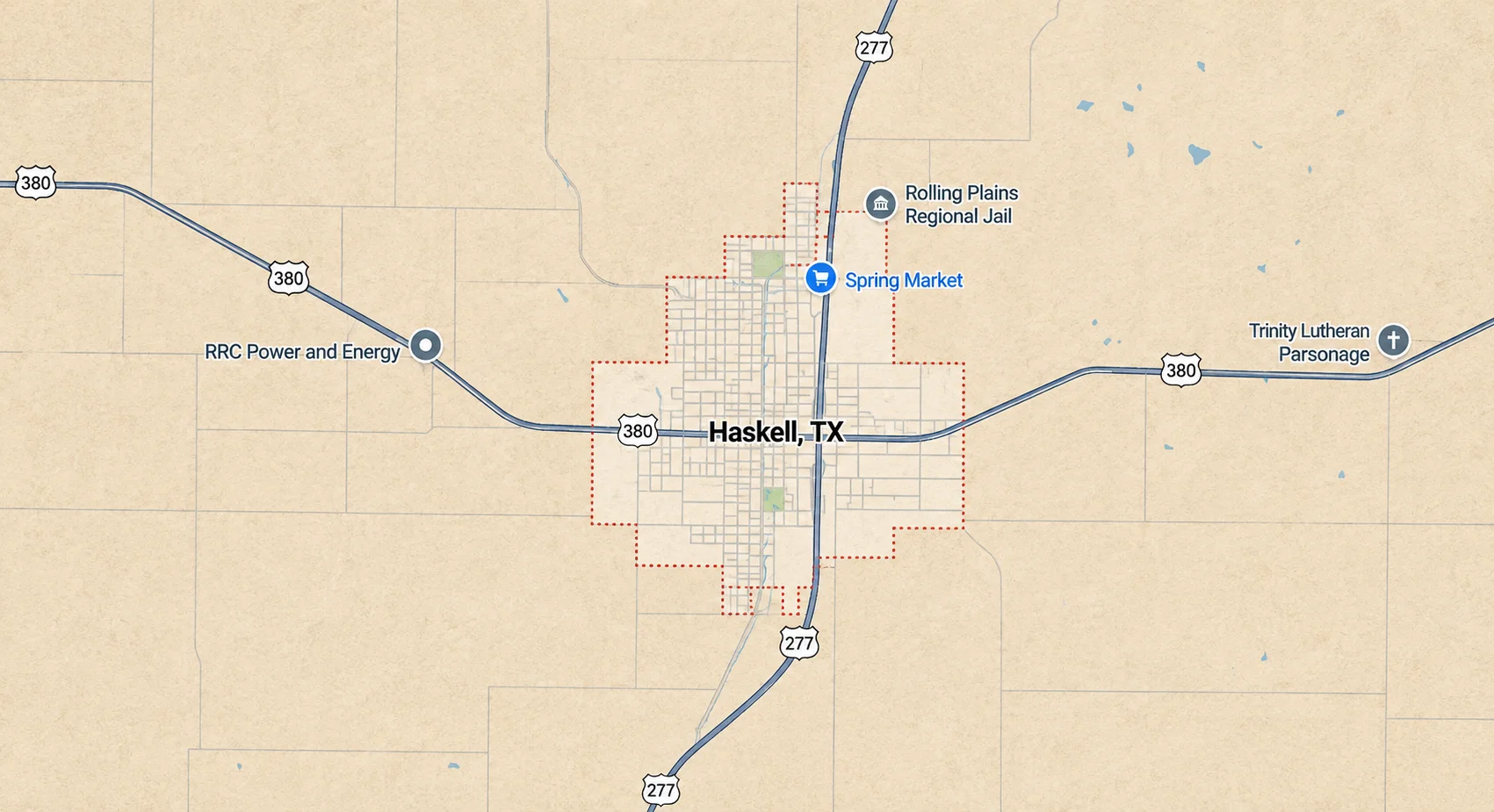 Map showing Haskell, Texas and surrounding highways, including U.S. Highways 277 and 380 and nearby landmarks and businesses.