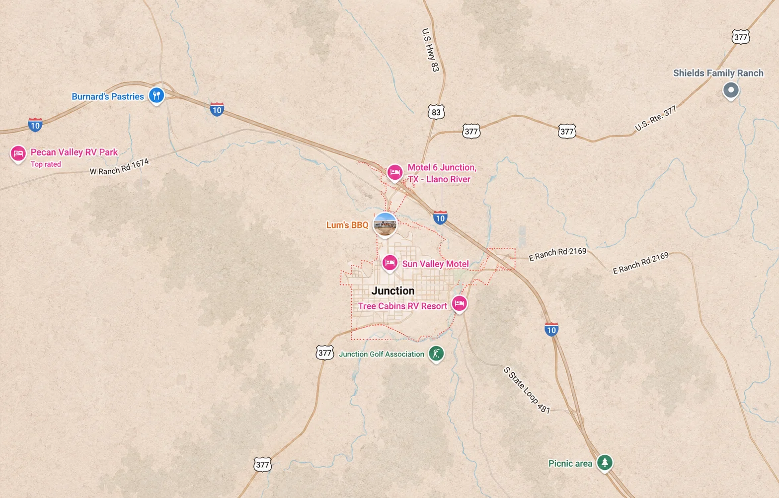 Map showing Junction, Texas and surrounding roads, businesses, and service areas near Interstate 10 and U.S. Highway 377