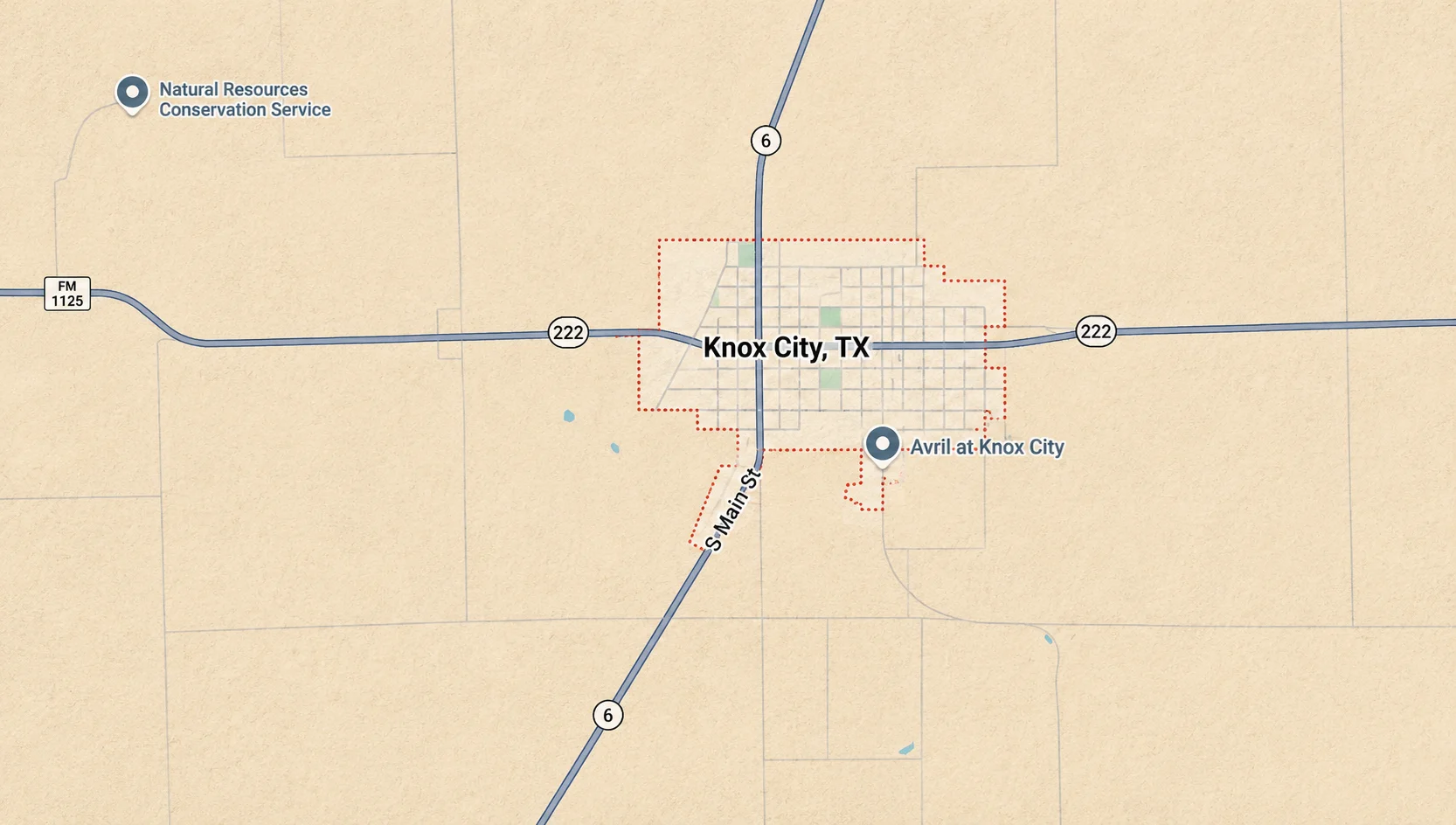 Map showing Knox City, Texas with nearby roads, landmarks, and the surrounding local service area
