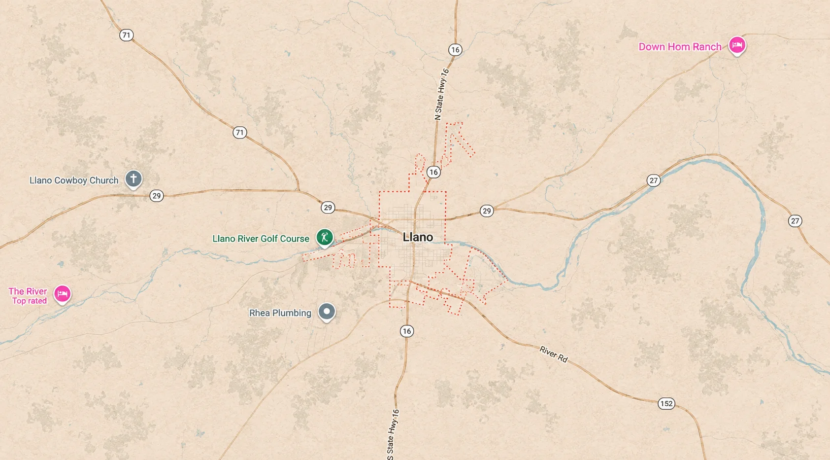 Map showing Llano, Texas and surrounding roads, the Llano River, and nearby landmarks within the local service area