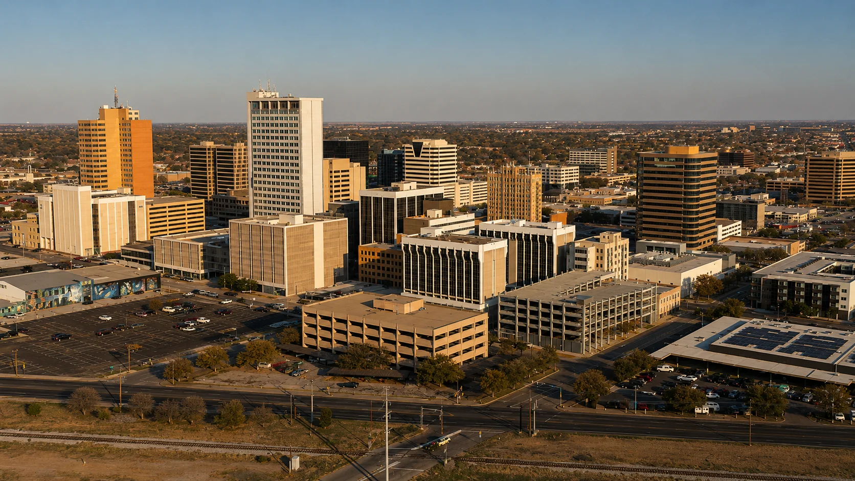 Aerial view of downtown Midland, Texas with high-rise office buildings, streets, parking areas, and railway tracks