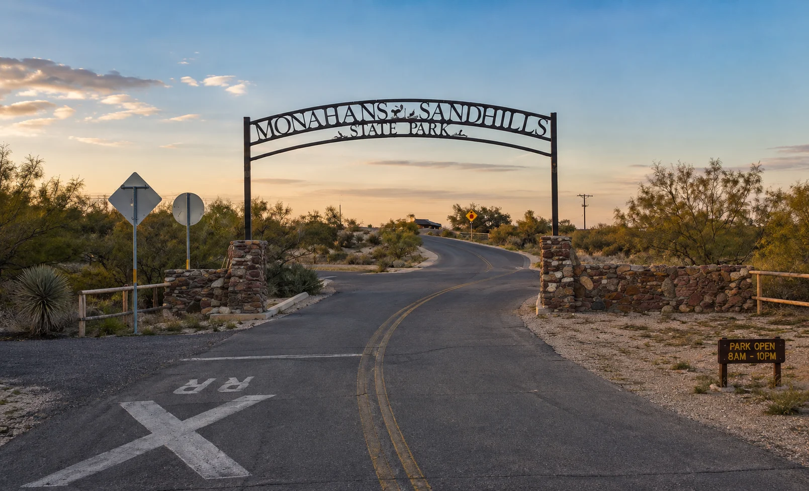 Entrance to Monahans Sandhills State Park in Monahans, Texas at sunset