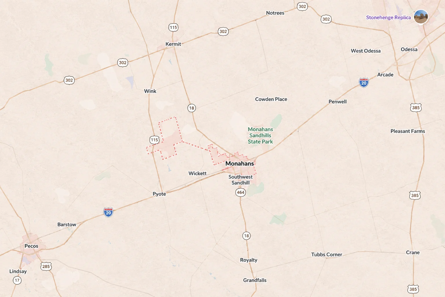 Map showing Monahans, Texas and surrounding service areas near Pecos, Odessa, Wink, and Kermit