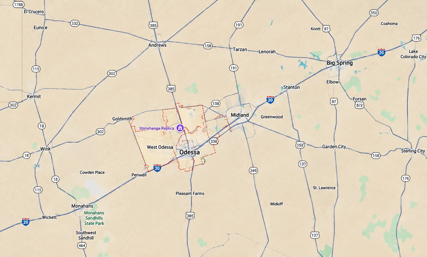 Map showing Odessa and Midland with surrounding West Texas communities, highways, and service areas