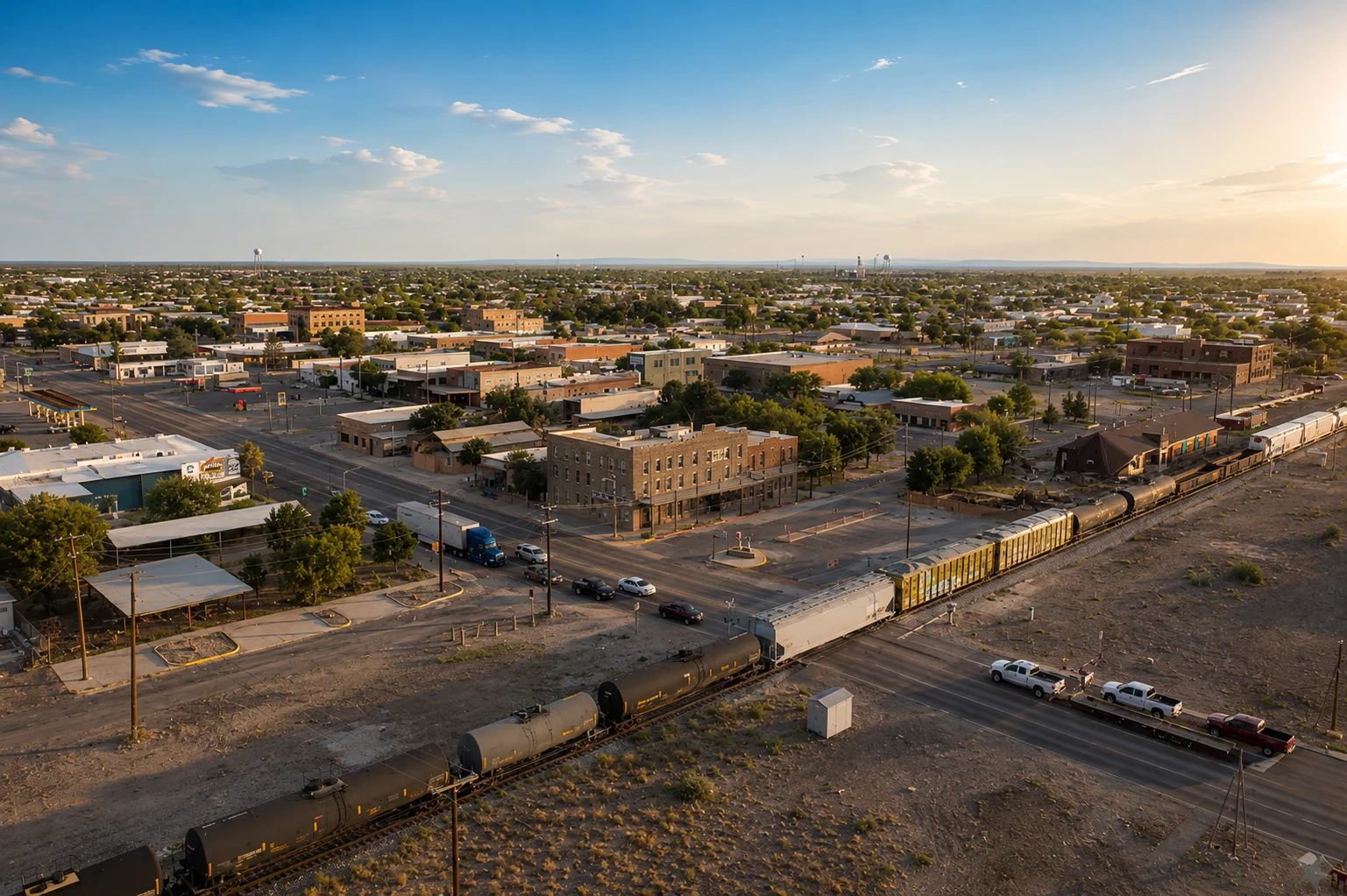 Aerial view of Pecos, Texas showing downtown buildings, streets, and a freight train passing through the city