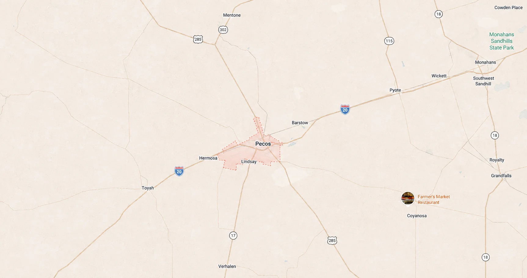 Map showing Pecos, Texas and surrounding communities, highways, and West Texas service areas