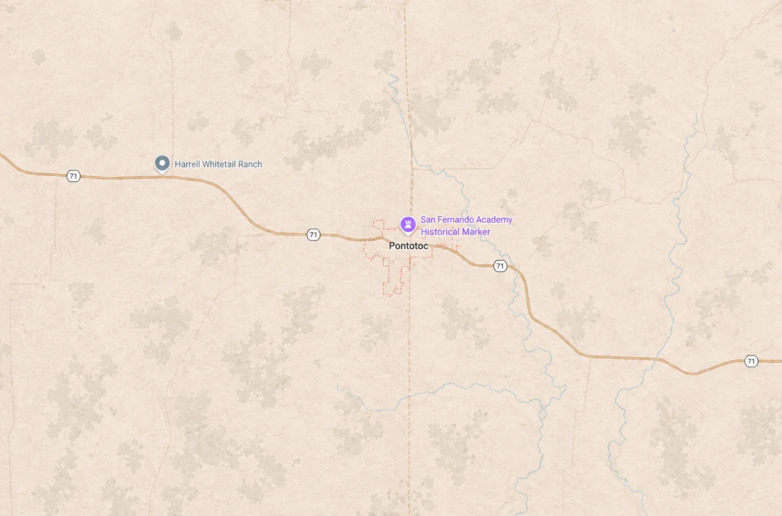 Map showing Pontotoc, Texas along Highway 71 with nearby landmarks and surrounding rural areas
