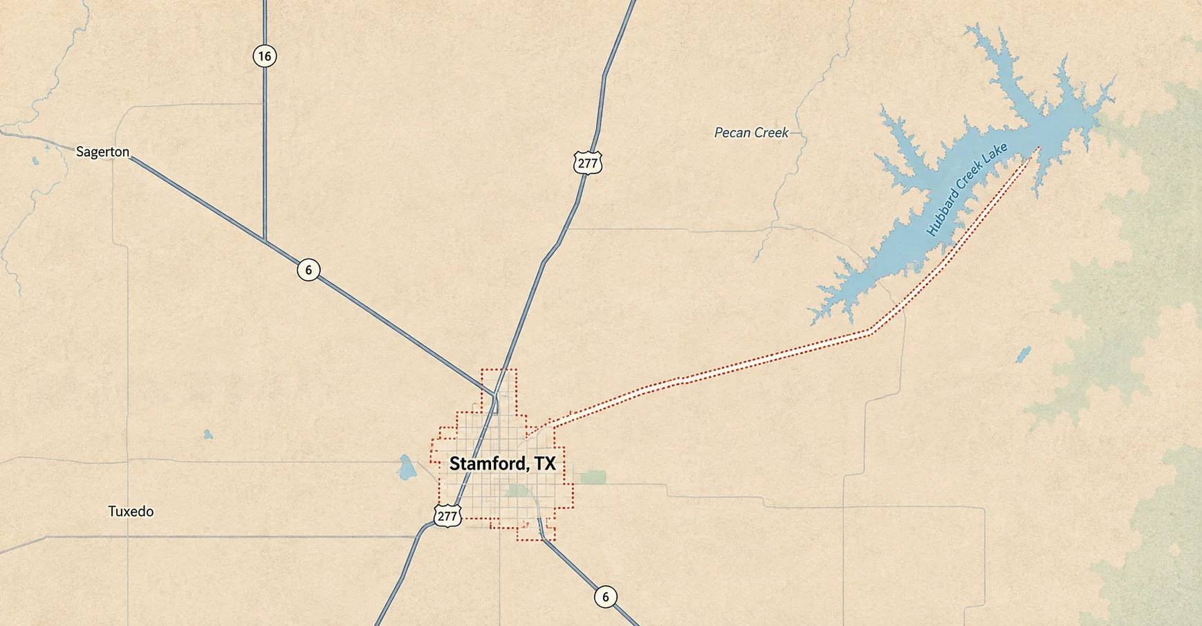 Map showing Stamford, Texas and nearby highways, communities, and Hubbard Creek Lake