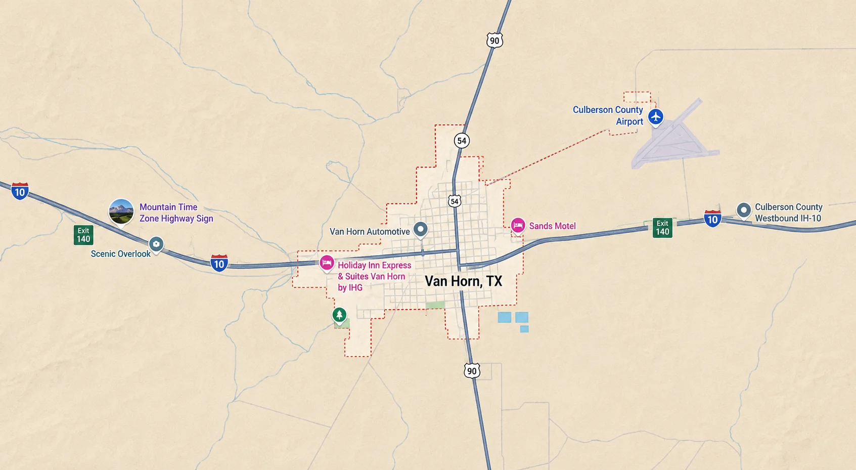 Map highlighting Van Horn, Texas and surrounding highways and communities in Culberson County